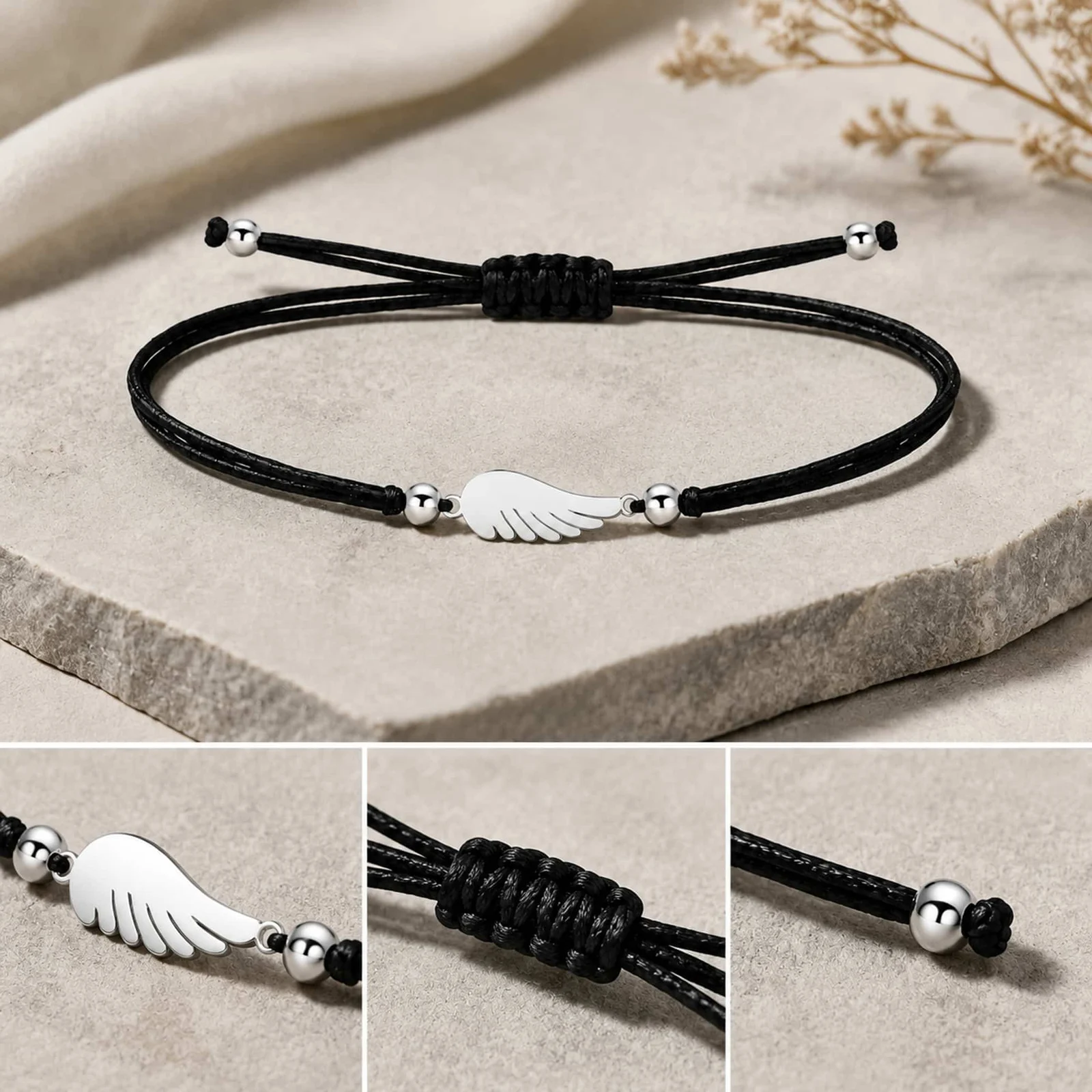 PULSERA ALA DE ÁNGEL PLATEADO DE HILO EN.NEGRO