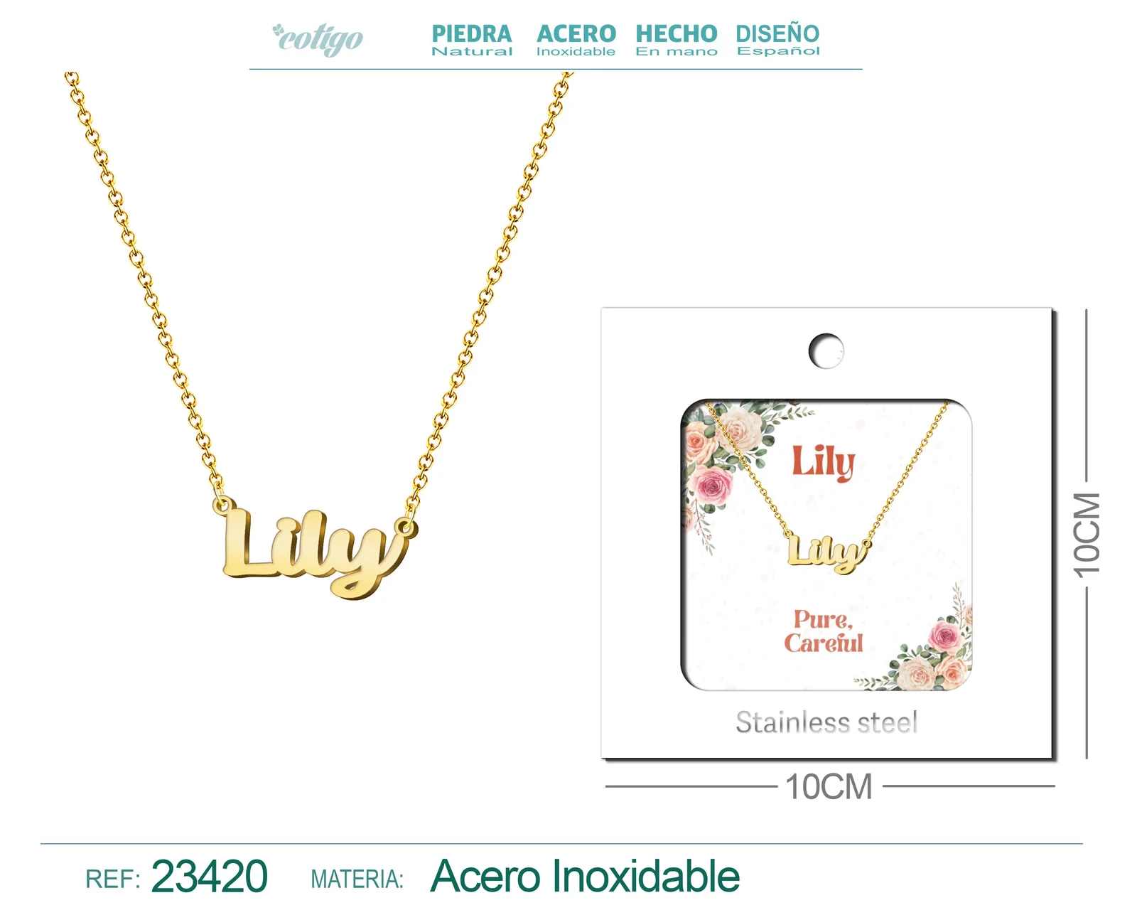 COLLAR NOMBRE INGLES LILY ACERO CON SOBRE