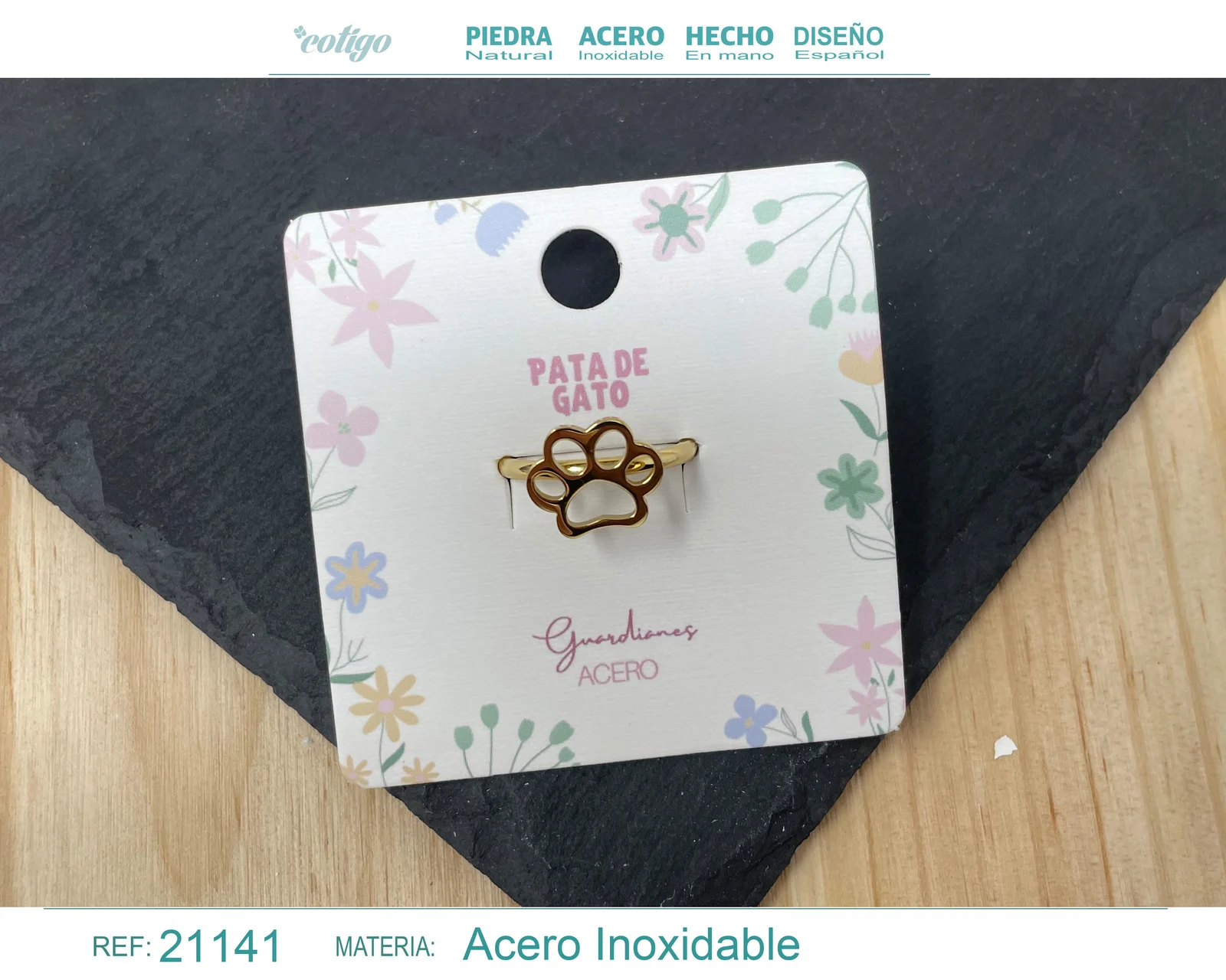 ANILLO HUELLA DE GATO ACERO COLOR DORADO