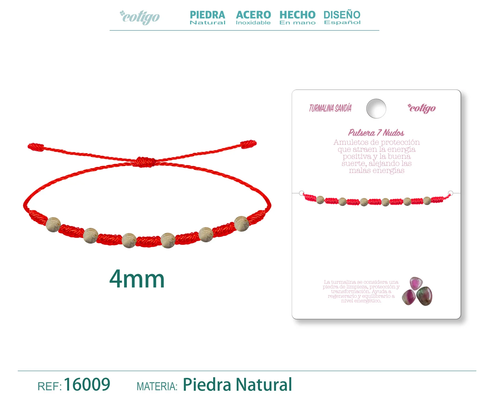 PULSERA 7 NUDOS CON  TURMALINA SANDÍA 4MM