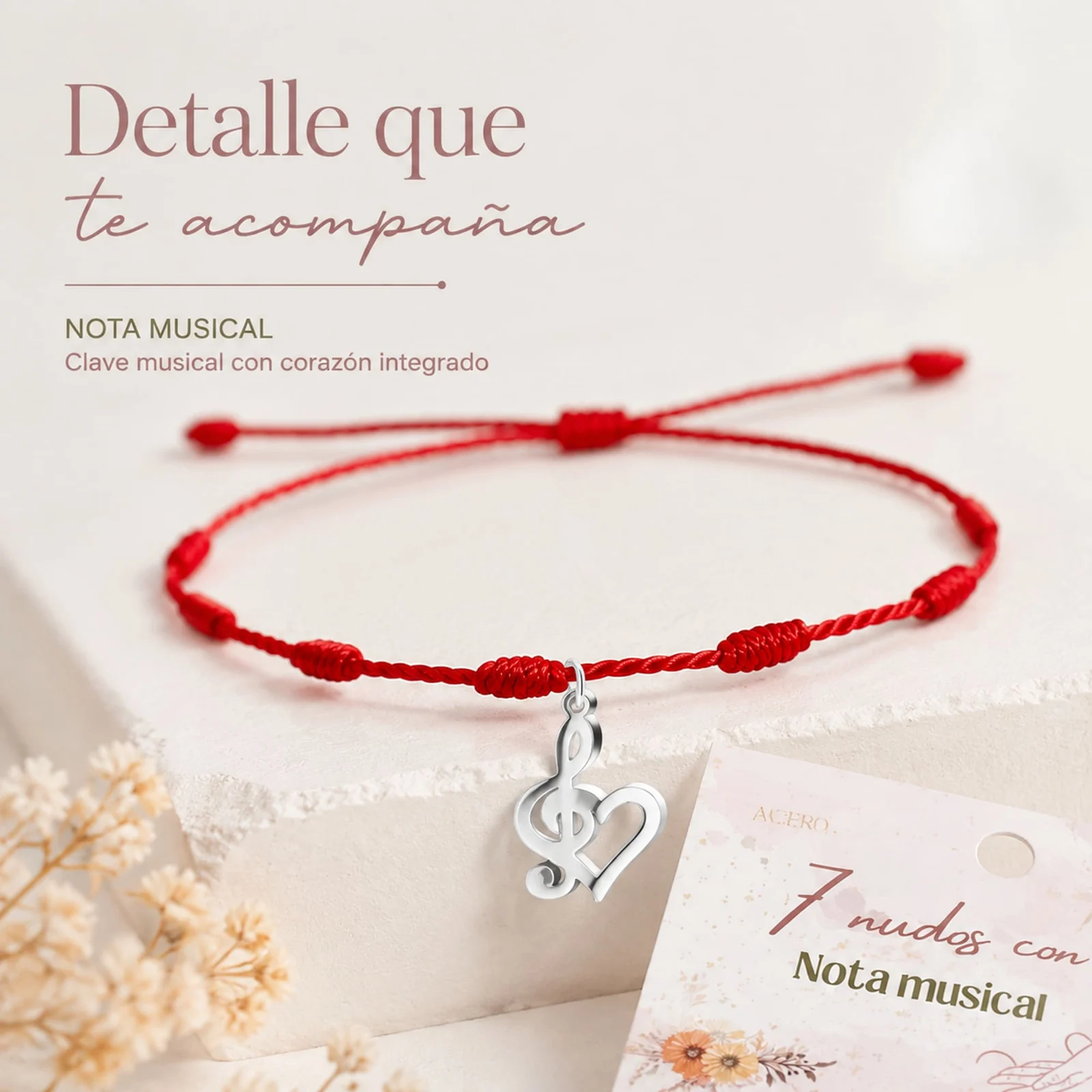 PULSERA 7 NUDOS CON NOTA MUSICAL COLOR PLATEADO