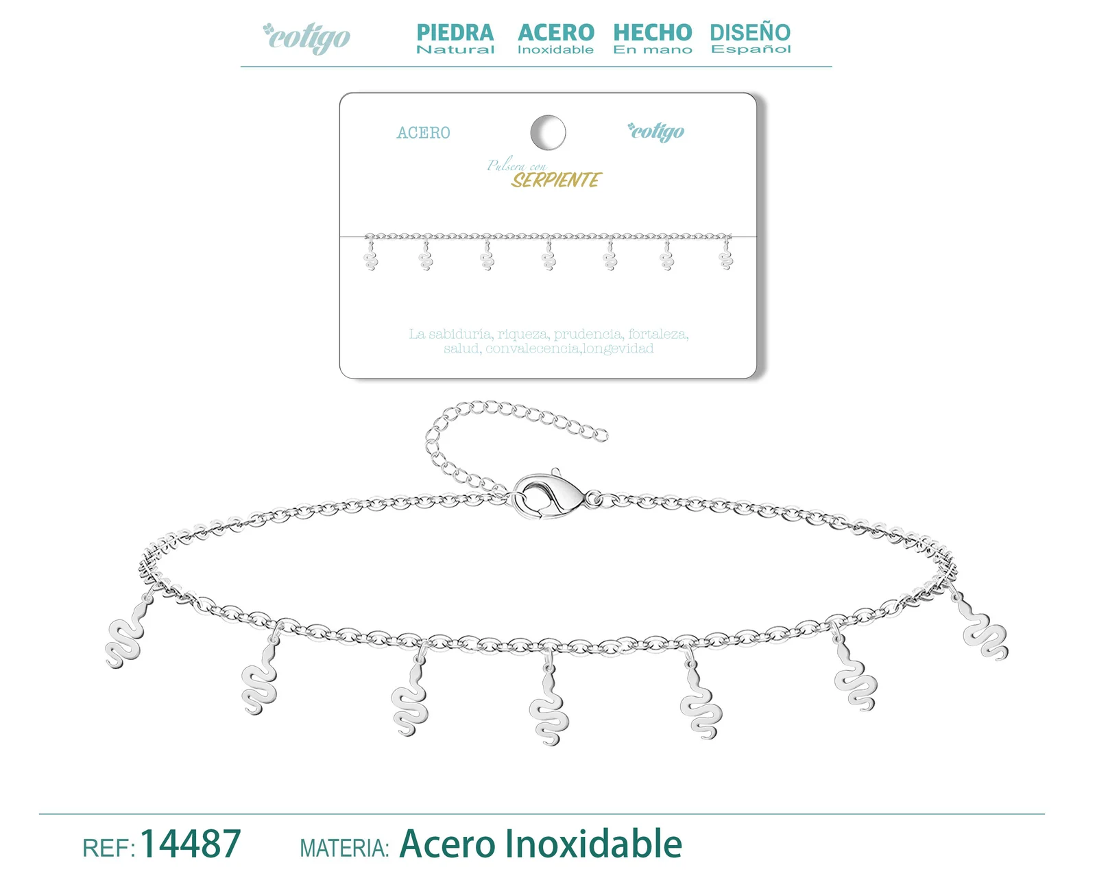 PULSERA CON 7 COLGANTE DE SERPIENTE COLOR PLATEADO