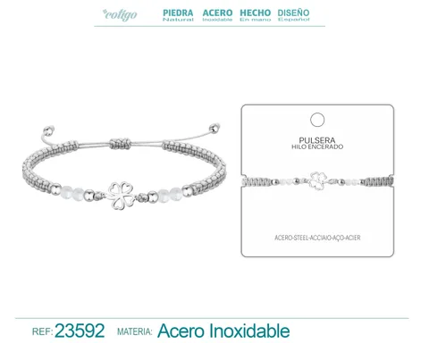 PULSERA HILO ENCERADO CON CUARZO BLANCO Y TREBOL DE SUERTE ACERO