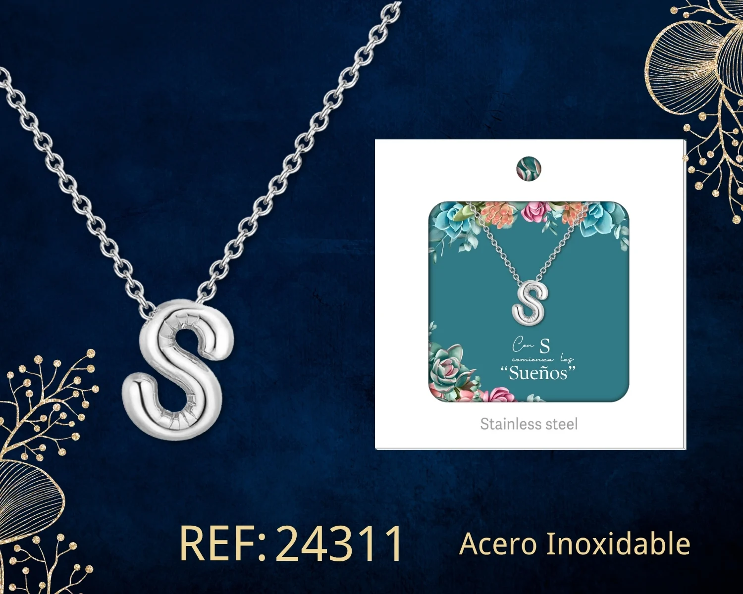 COLLAR INICIAL LETRA S ACERO CON SOBRE