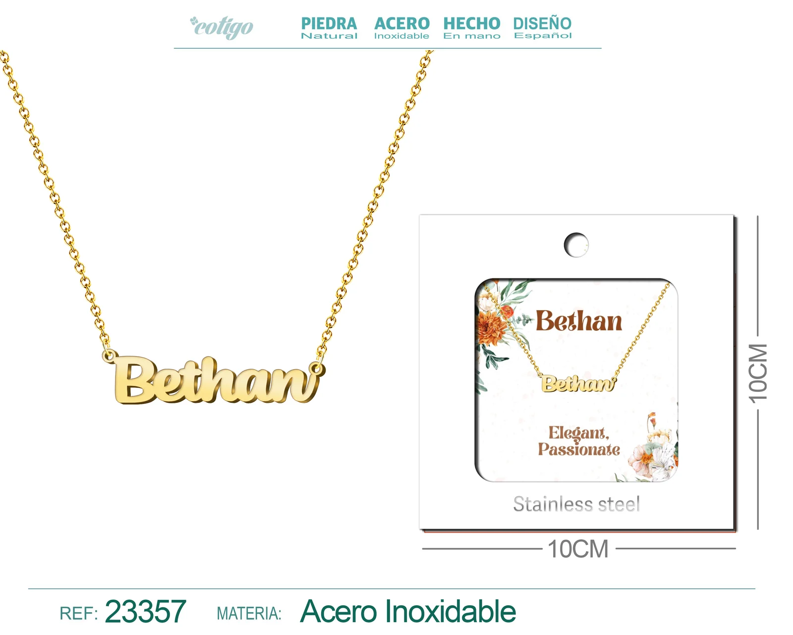 COLLAR NOMBRE INGLES BETHAN ACERO CON SOBRE