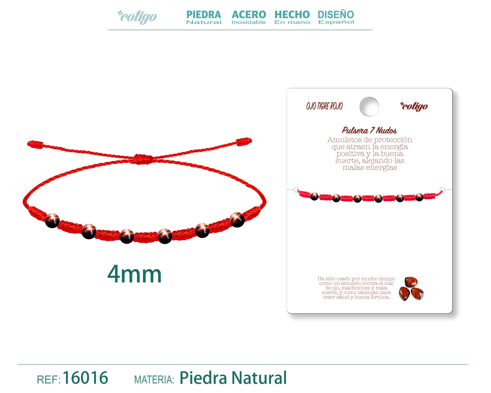 PULSERA 7 NUDOS CON  OJO TIGRE ROJO 4MM