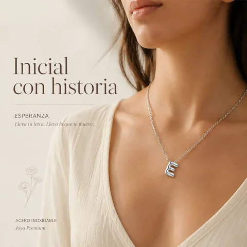 COLLAR INICIAL LETRA E ACERO CON SOBRE