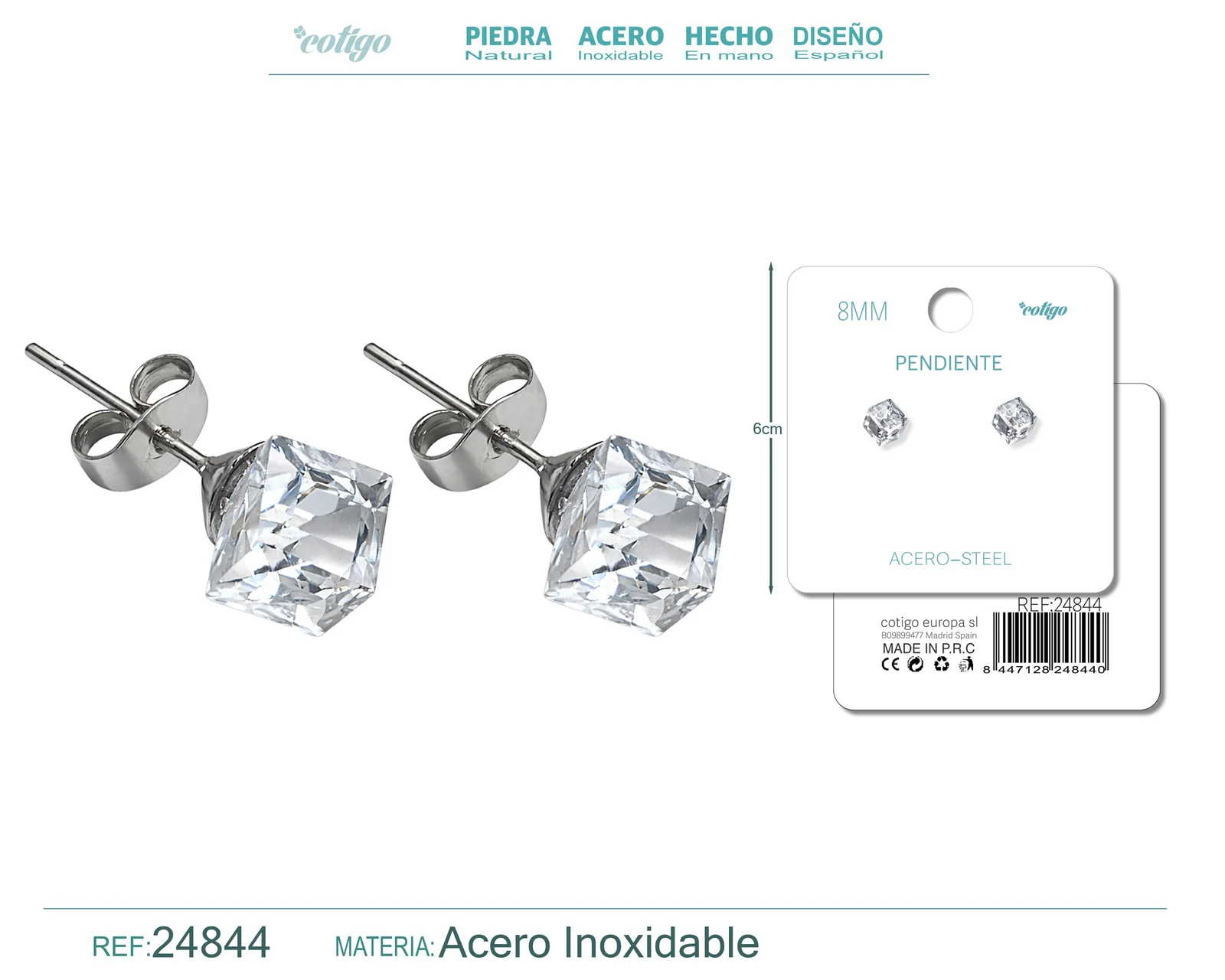PENDIENTE DE CRISTAL CUADRADO 8MM CON ACCESORIO ACERO