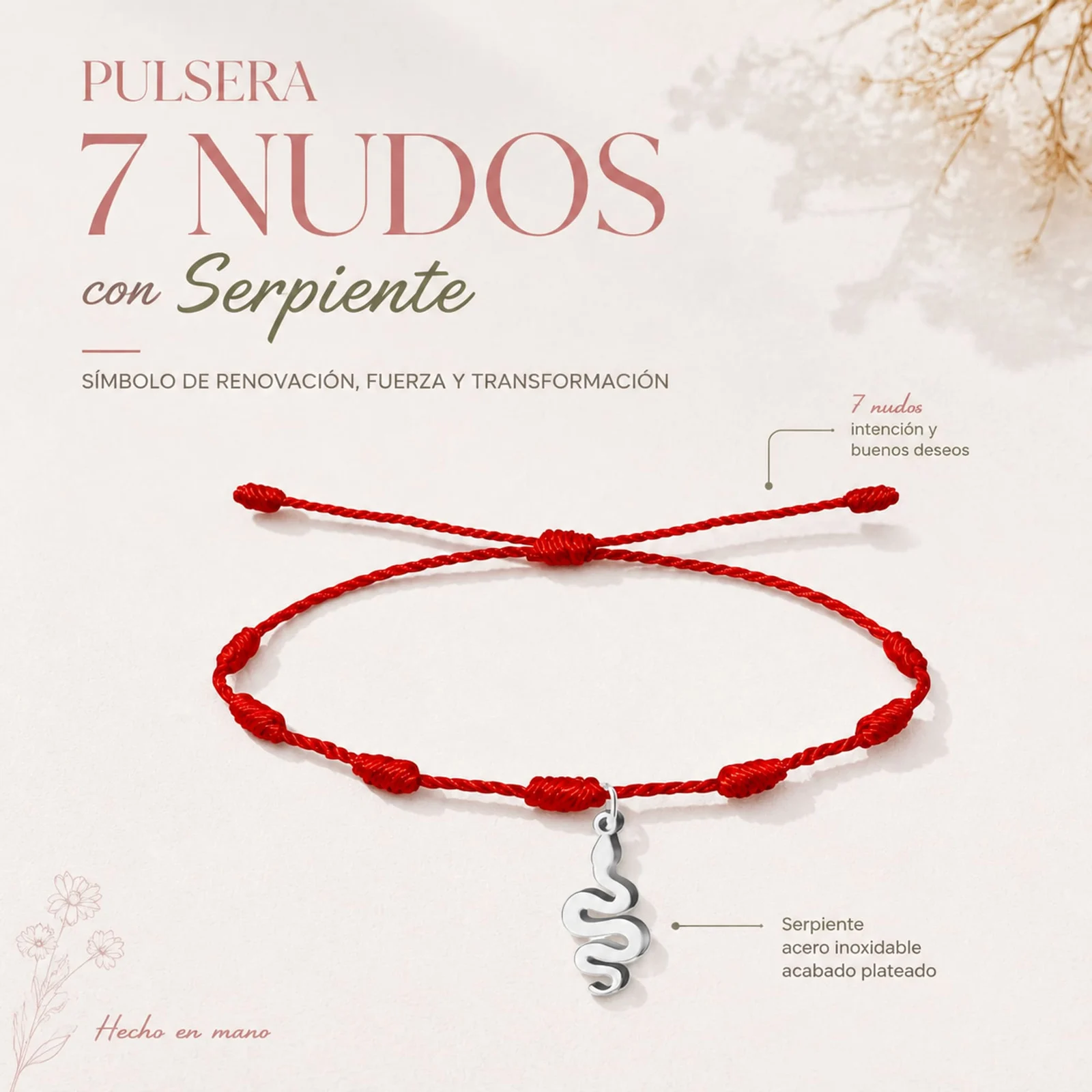 PULSERA 7 NUDOS CON SERPIENTE COLOR PLATEADO