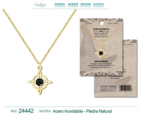 COLGANTE NUDO DE BRUJA ACERO DORADO CON AGATA NEGRA