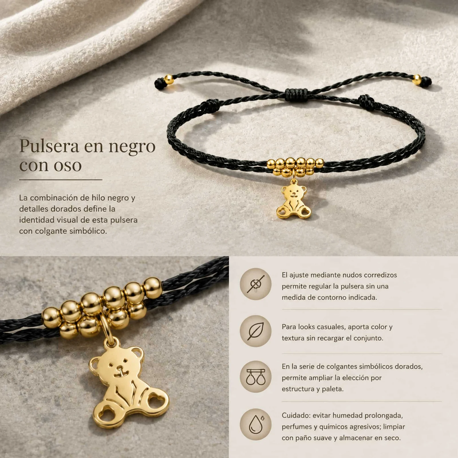 PULSERA HILO ENCERADO CON COLGANTE OSO ACERO DORADO
