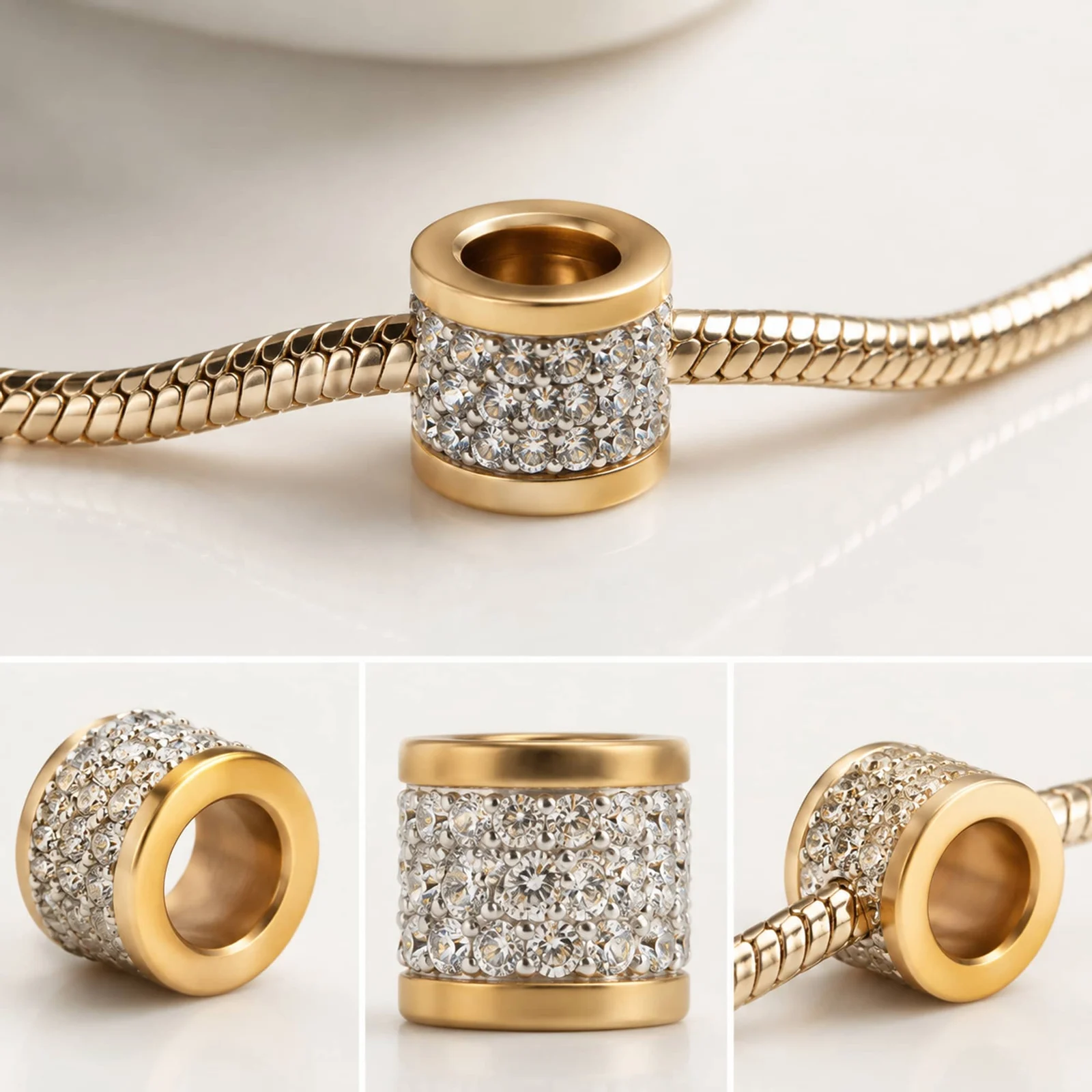 CHARM 6MM ACERO DORADO CON AGUJERO 3MM CON CIRCONITA PARA CADENA DE SERPIENTE