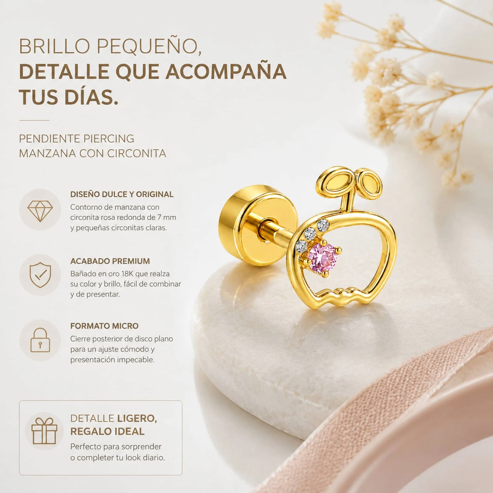 Pendiente-Piercing Bañado Oro 18K y con Circonita