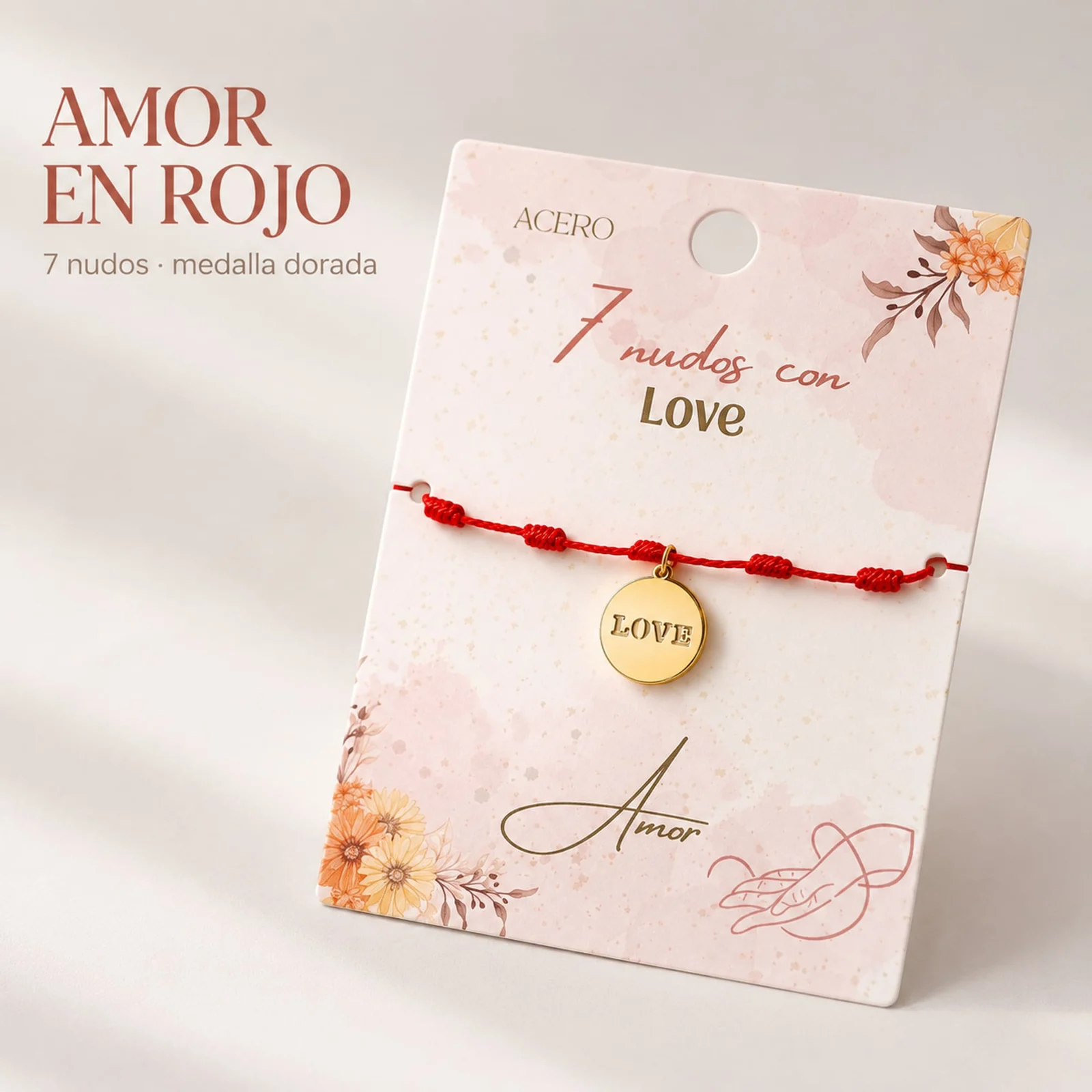PULSERA 7 NUDOS CON LOVE COLOR DORADO