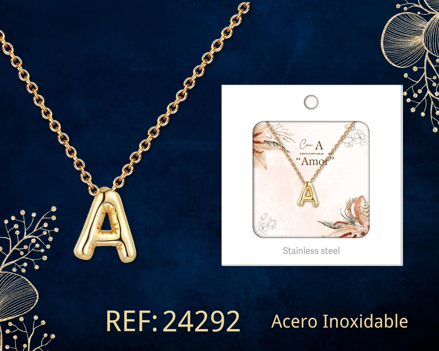 COLLAR INICIAL LETRA A ACERO CON SOBRE