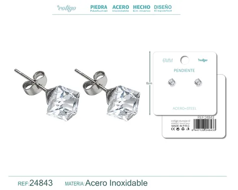 PENDIENTE DE CRISTAL CUADRADO 6MM CON ACCESORIO ACERO