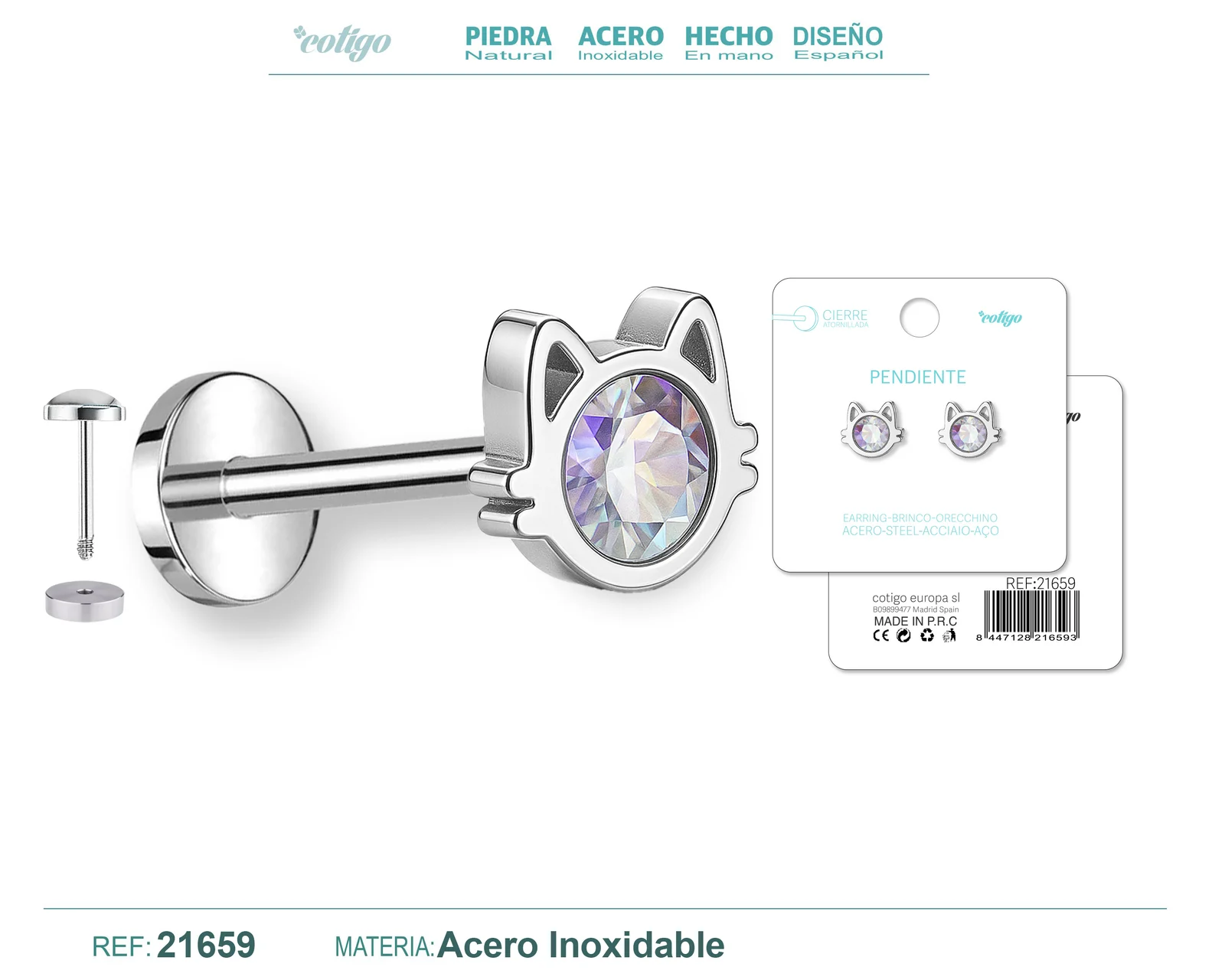 PENDIENTE ACERO  COLOR PLATEADO CON CIERRE ROSCA