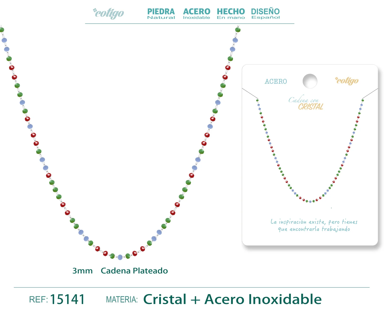 COLLAR ACERO PLATEADO CON BOLA CRISTAL