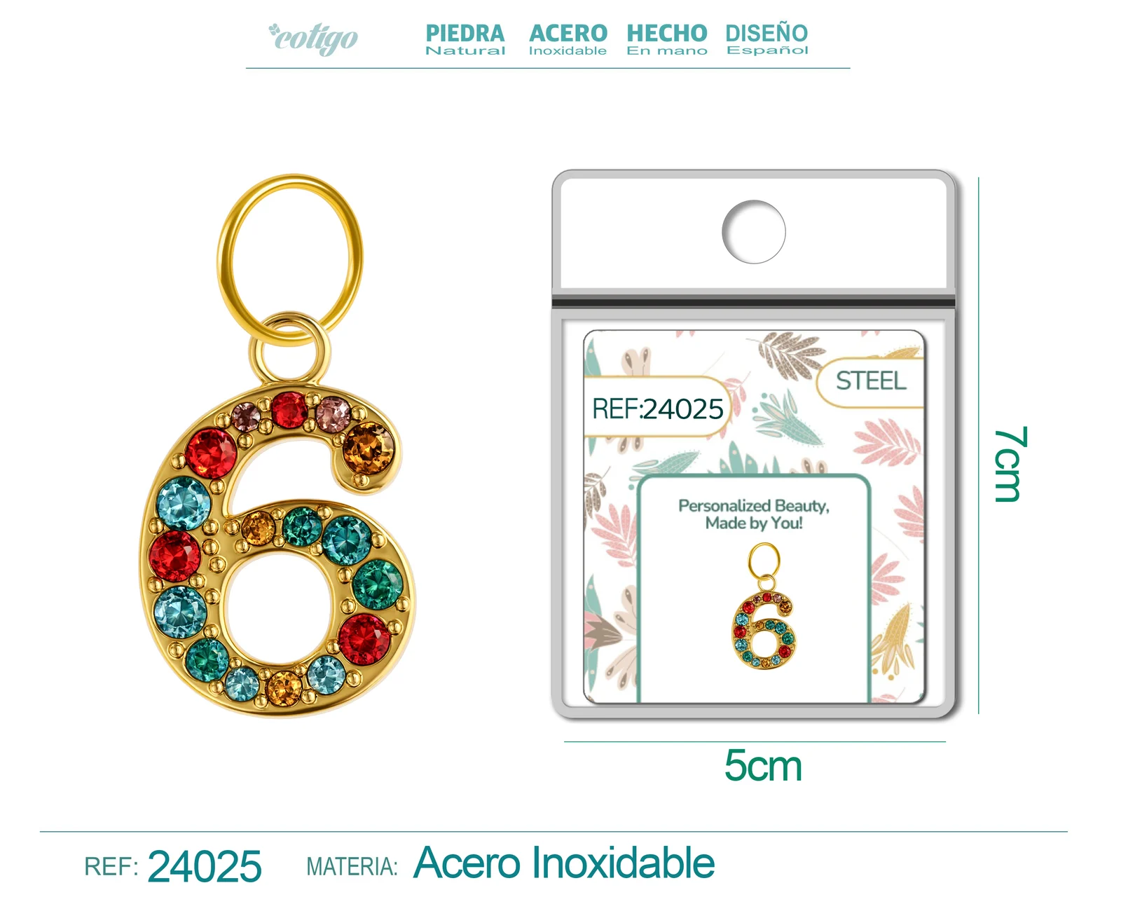 CHARM DE NÚMERO 6 ACERO COLOR DORADO CON CIRCONITA