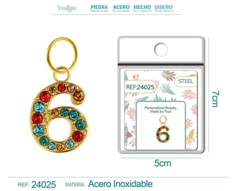 CHARM DE NÚMERO 6 ACERO COLOR DORADO CON CIRCONITA