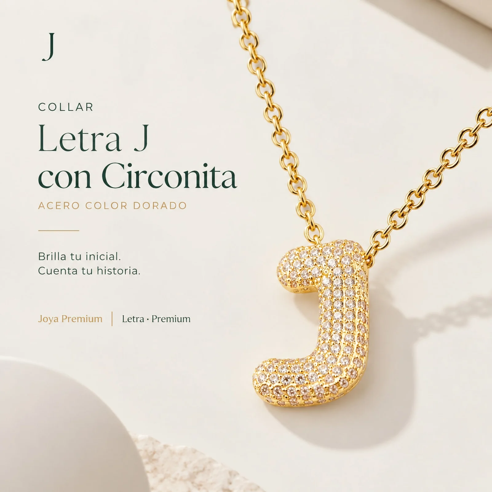 COLLAR LETRA J CON CIRCONITA  ACERO COLOR DORADO