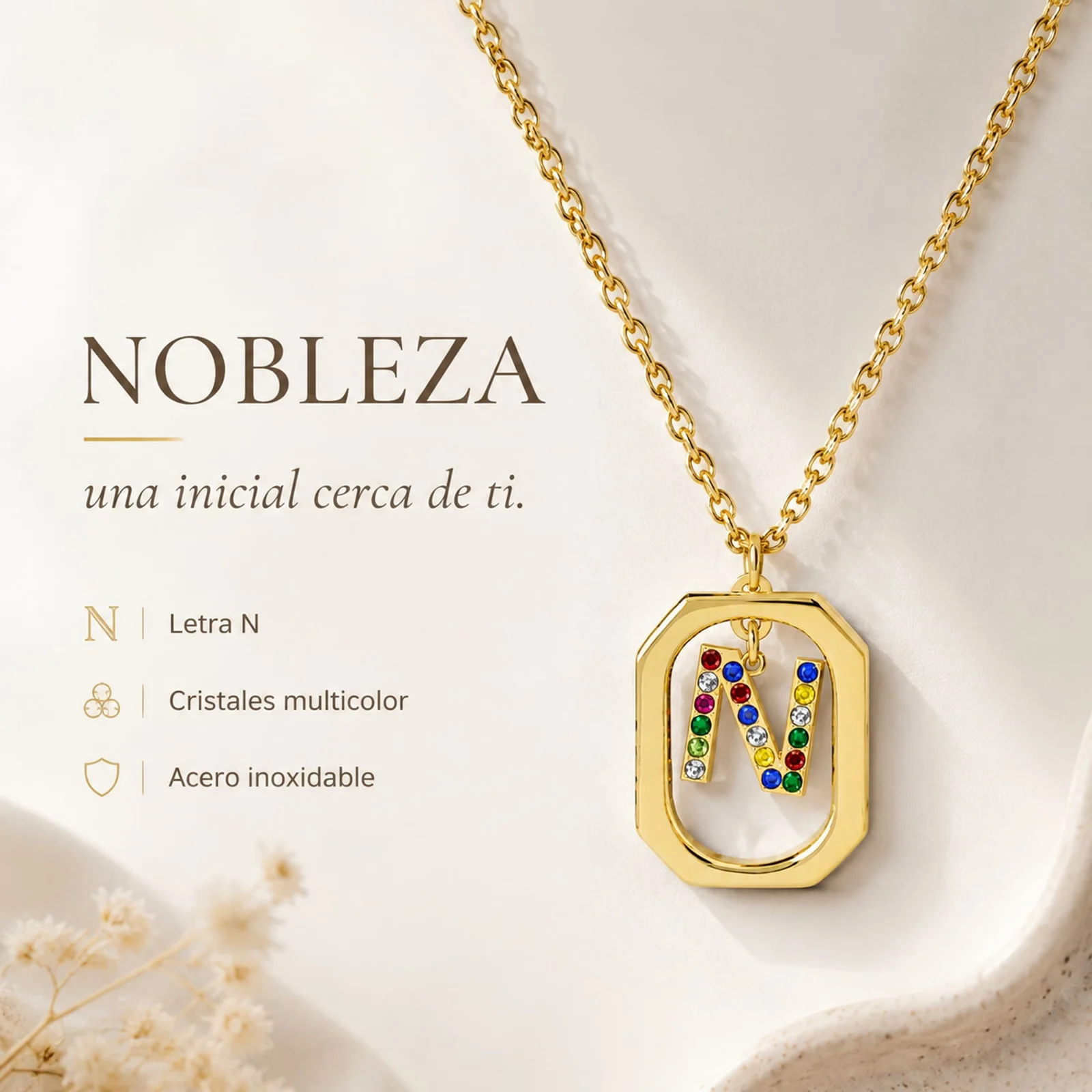 COLLAR INICIAL LETRA N ACERO CON SOBRE