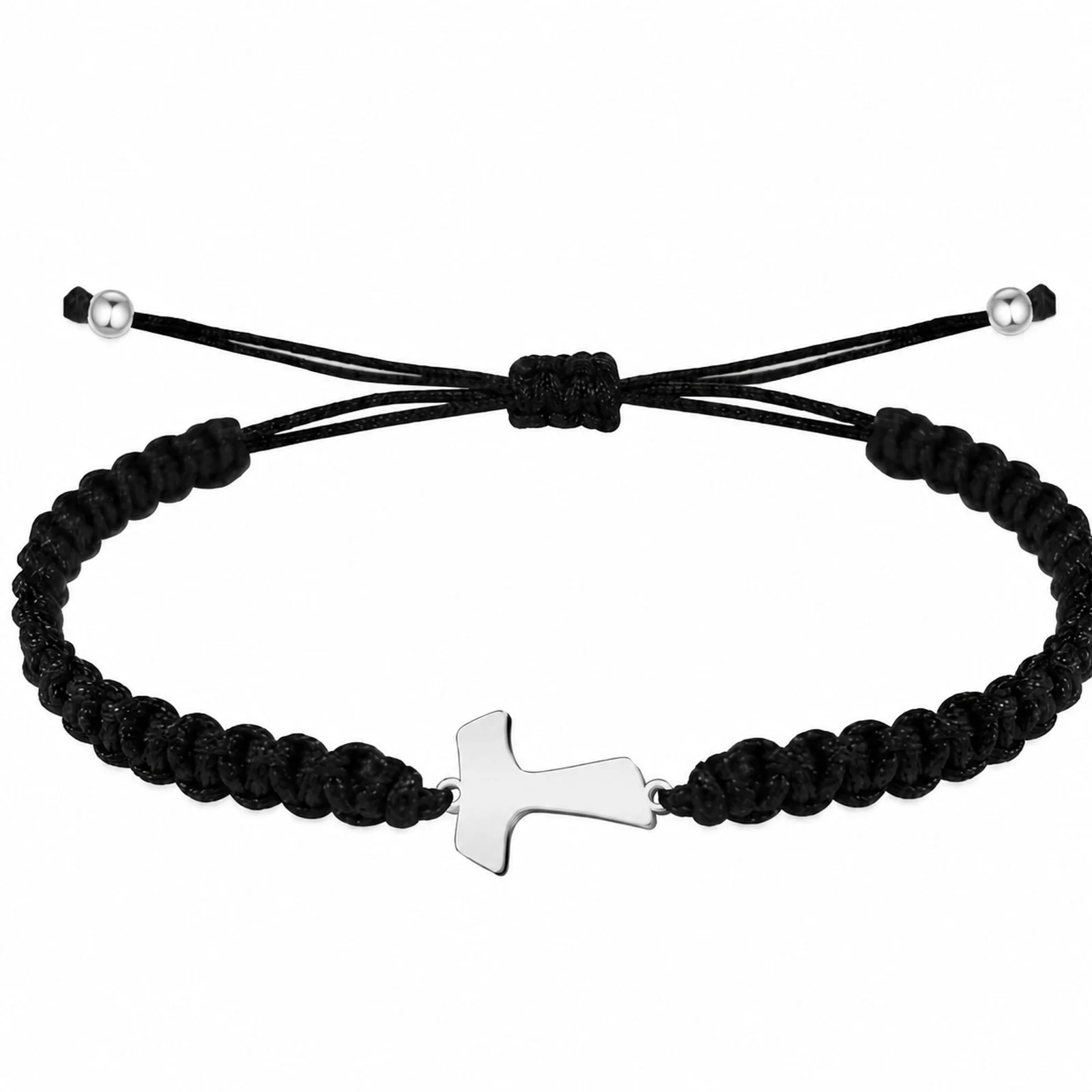 PULSERA HILO DESTINO  CON CRUZ TAU ACERO PLATEADO