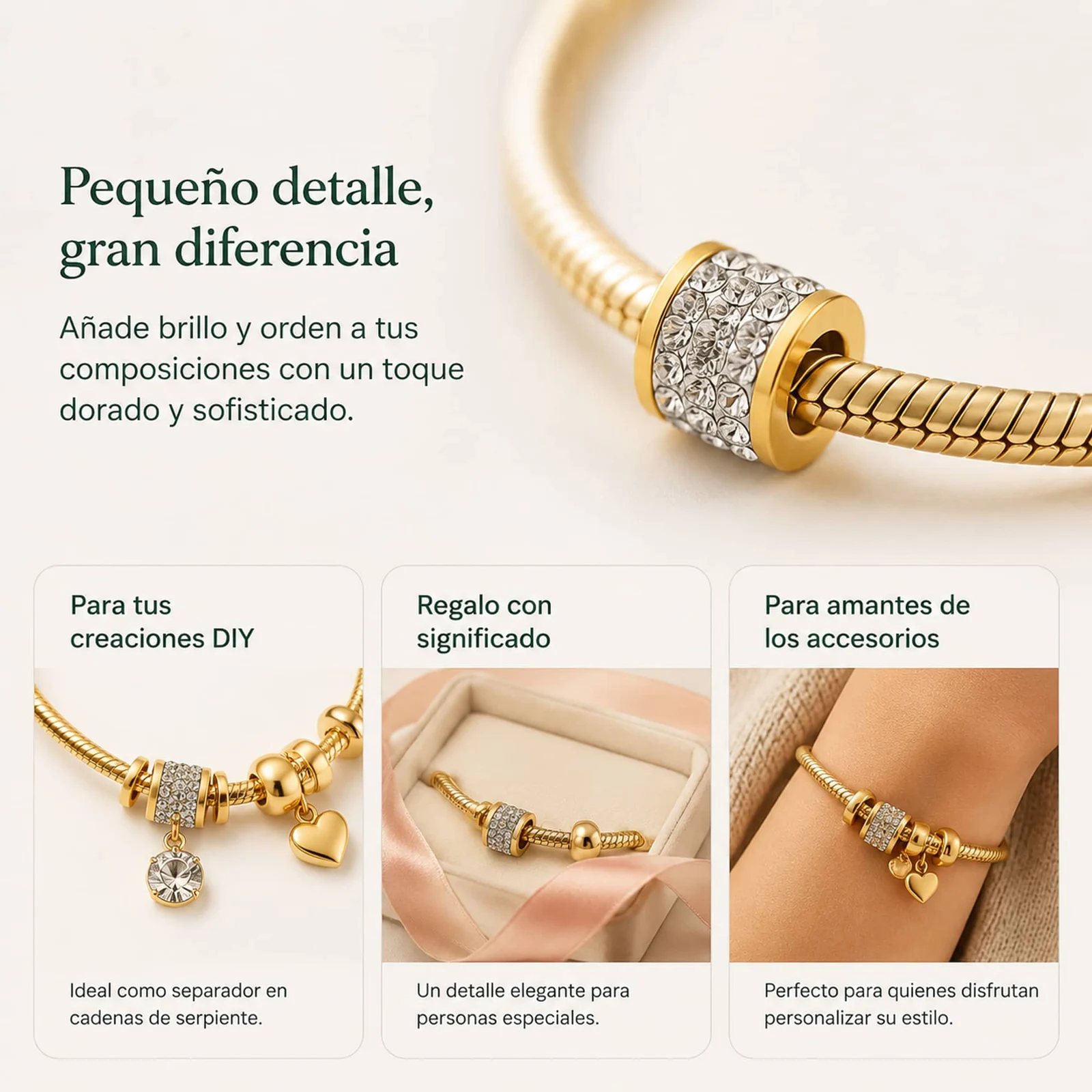 CHARM 6MM ACERO DORADO CON AGUJERO 3MM CON CIRCONITA PARA CADENA DE SERPIENTE