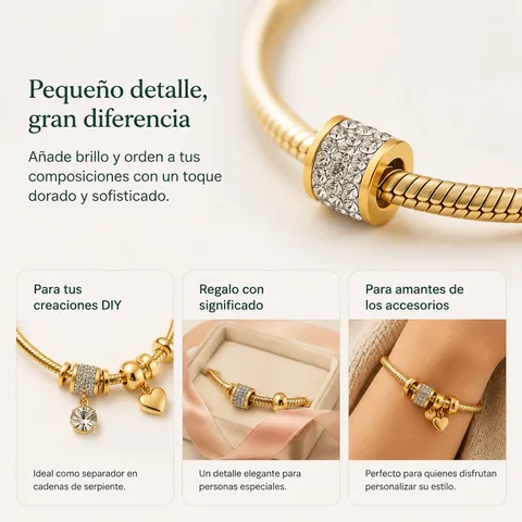 CHARM 6MM ACERO DORADO CON AGUJERO 3MM CON CIRCONITA PARA CADENA DE SERPIENTE