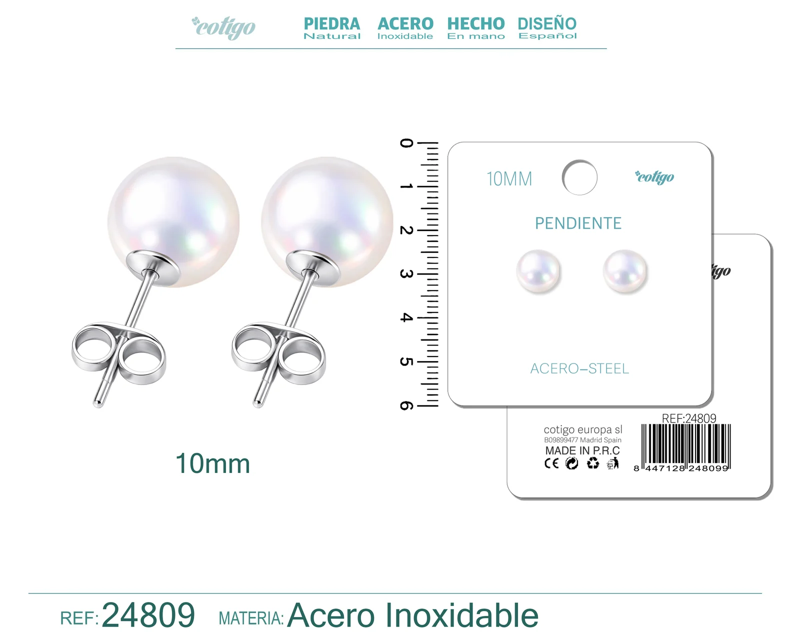 PENDIENTE DE PERLA REDONDA 10MM CON ACCESORIO ACERO