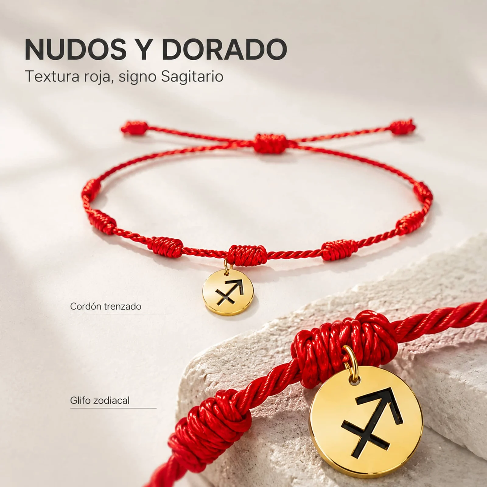 PULSERA 7 NUDOS CON SAGITARIO ACERO. COLOR DORADO