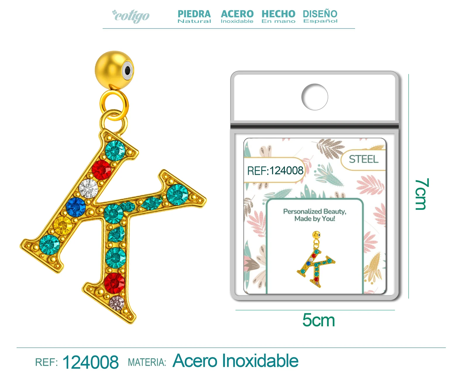 CHARM DE LETRA K ACERO COLOR DORADO CON CIRCONITA-CON BOLA DE GOMA