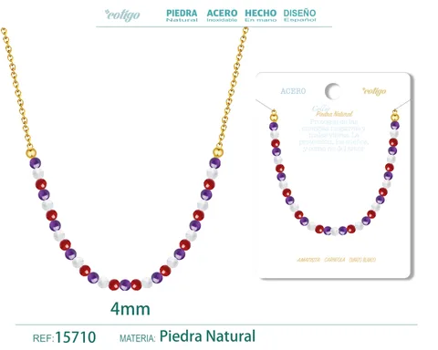 COLLAR CARNEOLA，AMATISTA，CUARZO BLANCO 4MM