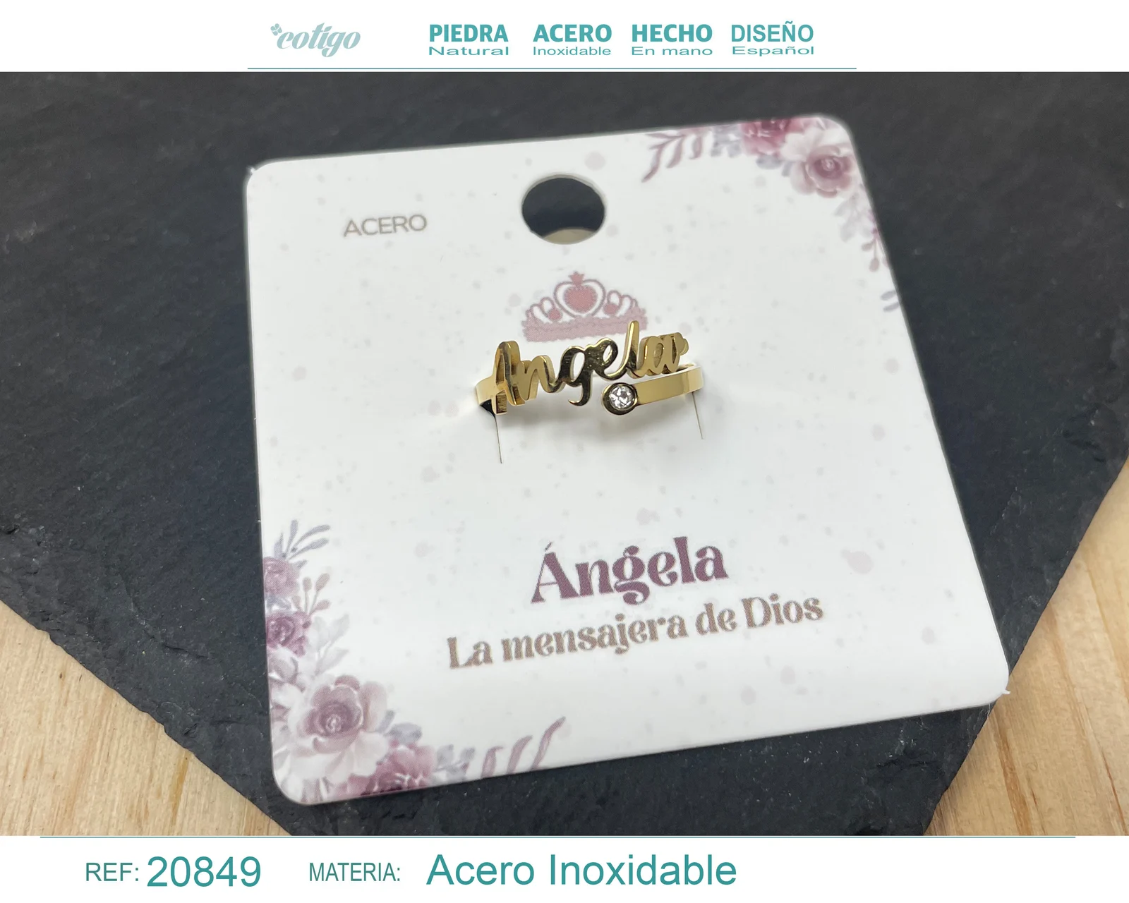 ANILLO NOMBRE ANGELA ACERO COLOR DORADO