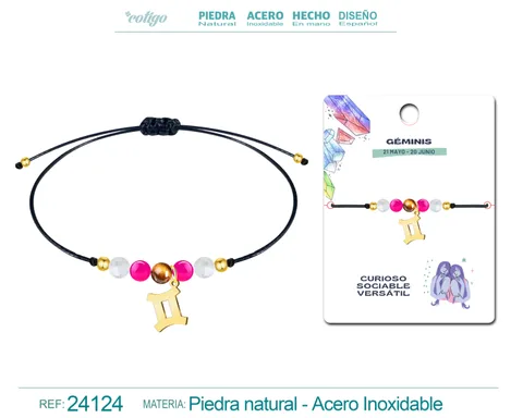 PULSERA PIEDRA NATURAL CON COLGANTE GEMINIS ACERO DORADO