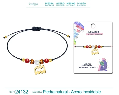 PULSERA PIEDRA NATURAL CON COLGANTE AGUARIO ACERO DORADO