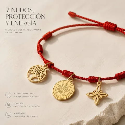 PULSERA 7 NUDOS CON TETRAGRÁMATON  NUDO DE BRUJA Y ÁRBOL DE LA VIDA ACERO DORADO