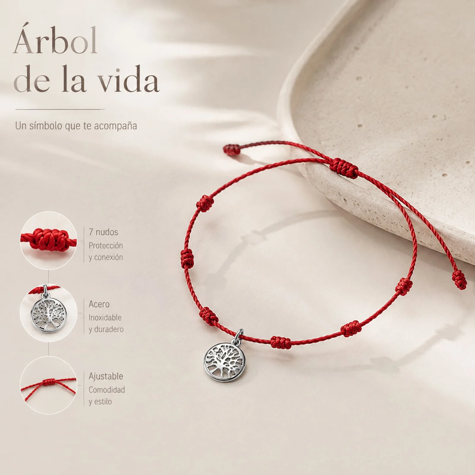 PULSERA 7 NUDOS CON ÁRBOL DE LA VIDA ACERO PLATEADO
