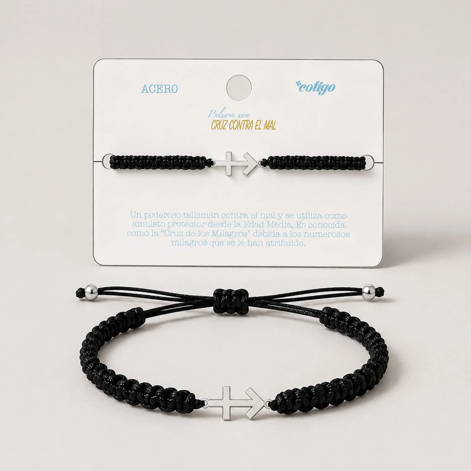 PULSERA HILO DESTINO  CON CRUZ CONTRA EL MAL ACERO PLATEADO