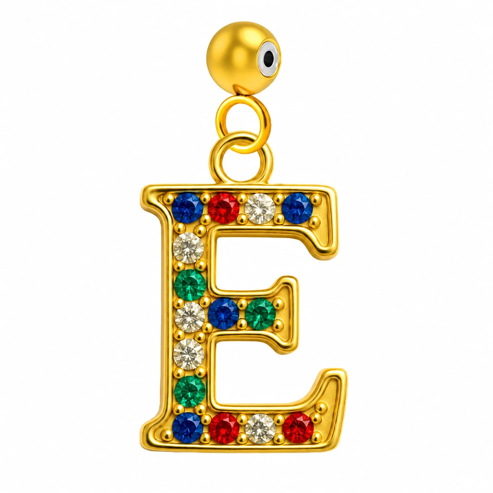 CHARM DE LETRA E ACERO COLOR DORADO CON CIRCONITA-CON BOLA DE GOMA