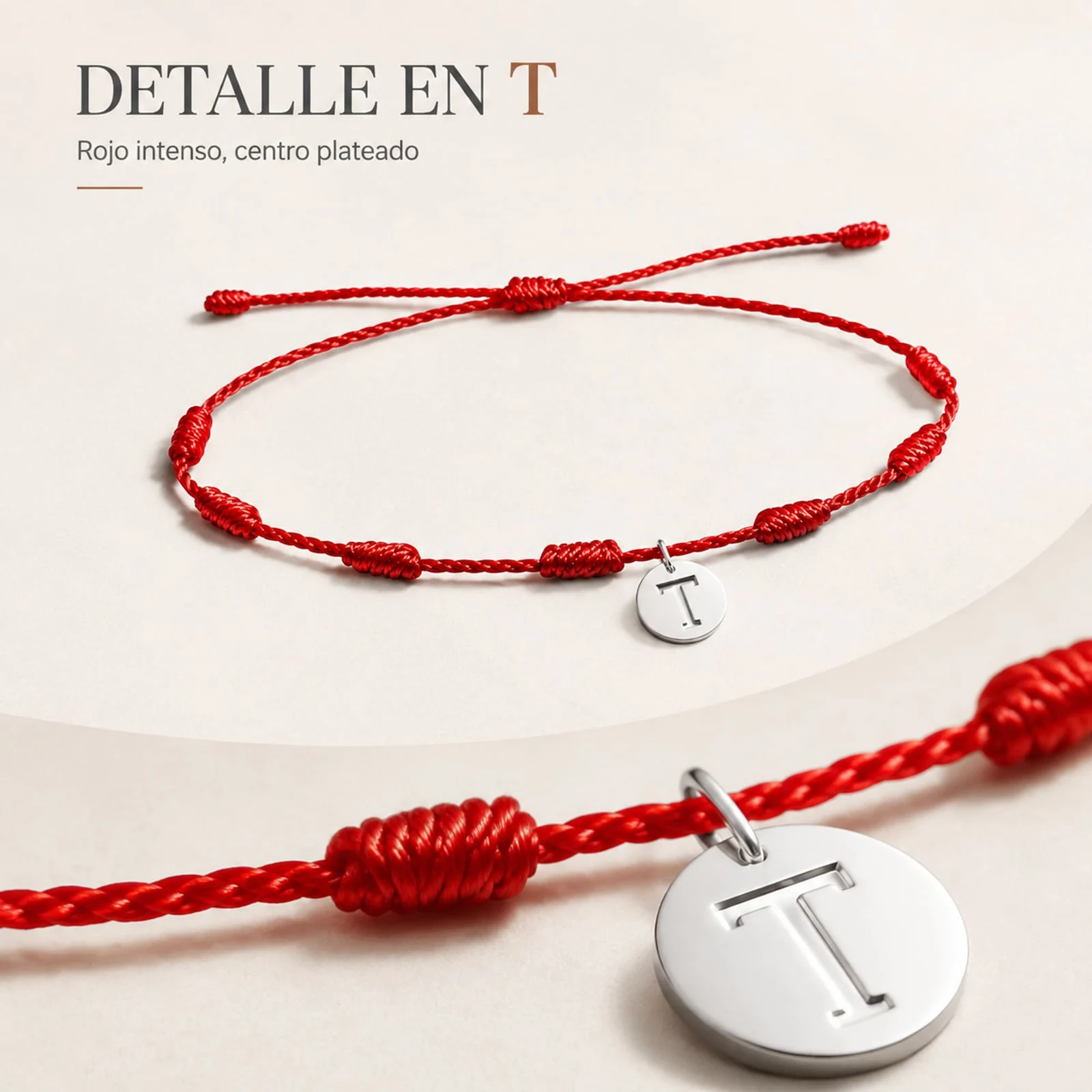 PULSERA 7 NUDOS CON LETRA T COLOR PLATEADO