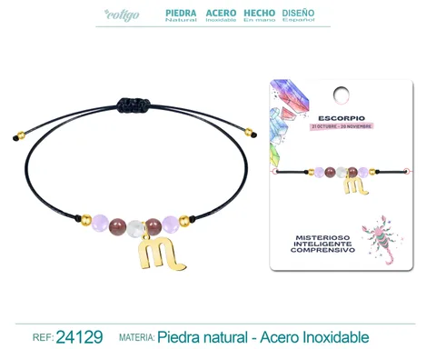 PULSERA PIEDRA NATURAL CON COLGANTE ESCORPIO ACERO DORADO
