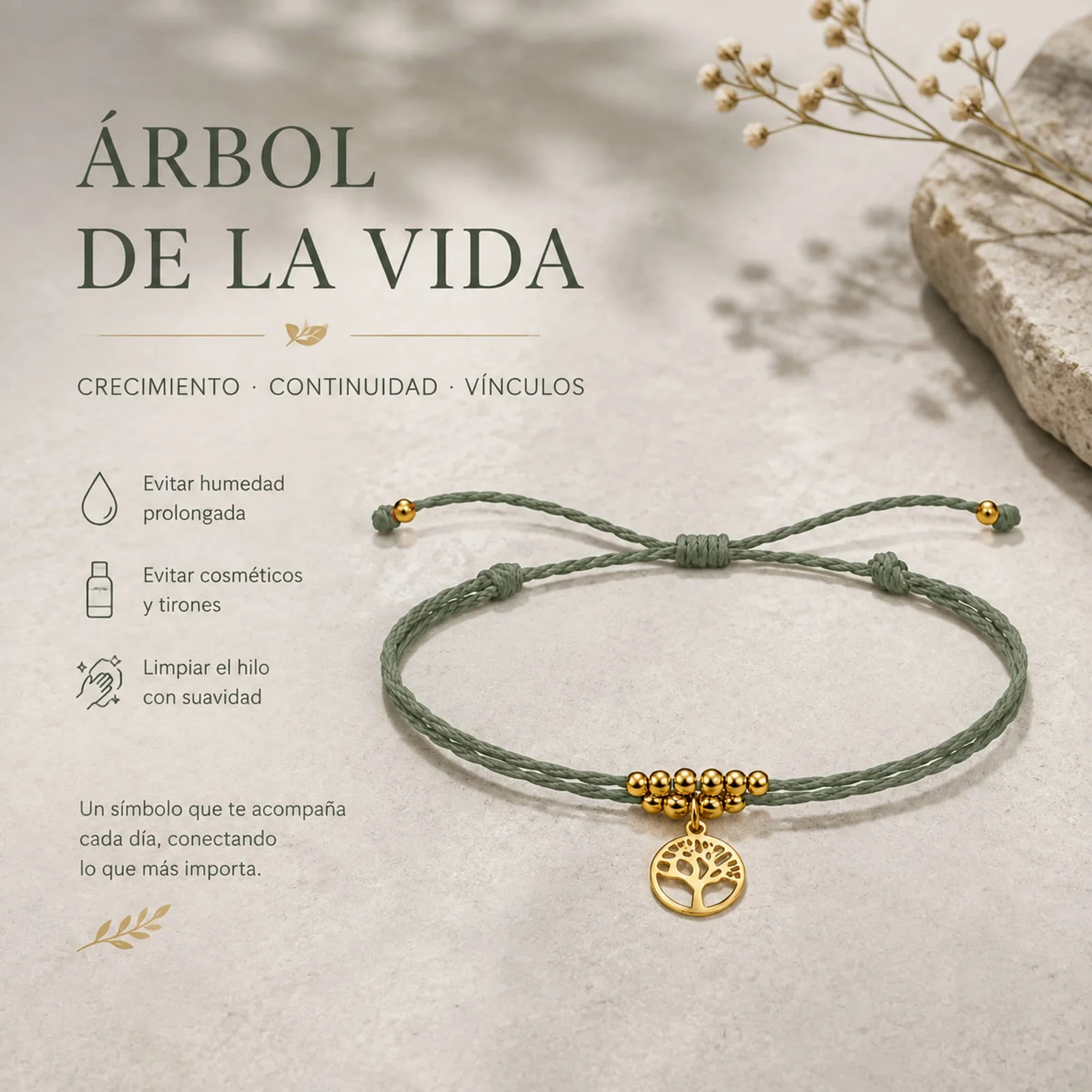 PULSERA HILO ENCERADO CON COLGANTE ÁRBOL DE VIDA ACERO DORADO