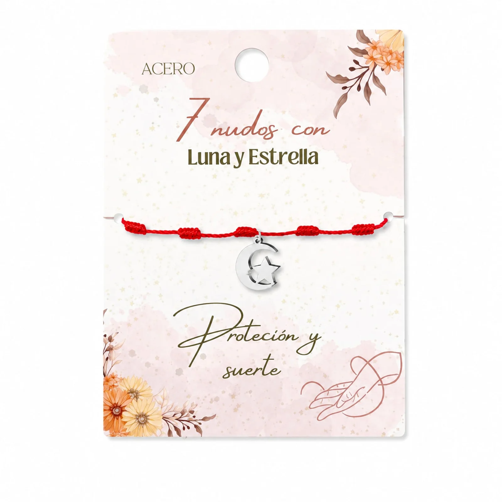 PULSERA 7 NUDOS CON LUNA Y ESTRELLA COLOR PLATEADO