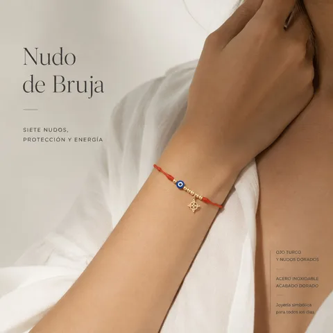 PULSERA 7 NUDOS CON OJO DE TURCO Y NUDO DE BRUJA ACERO DORADO