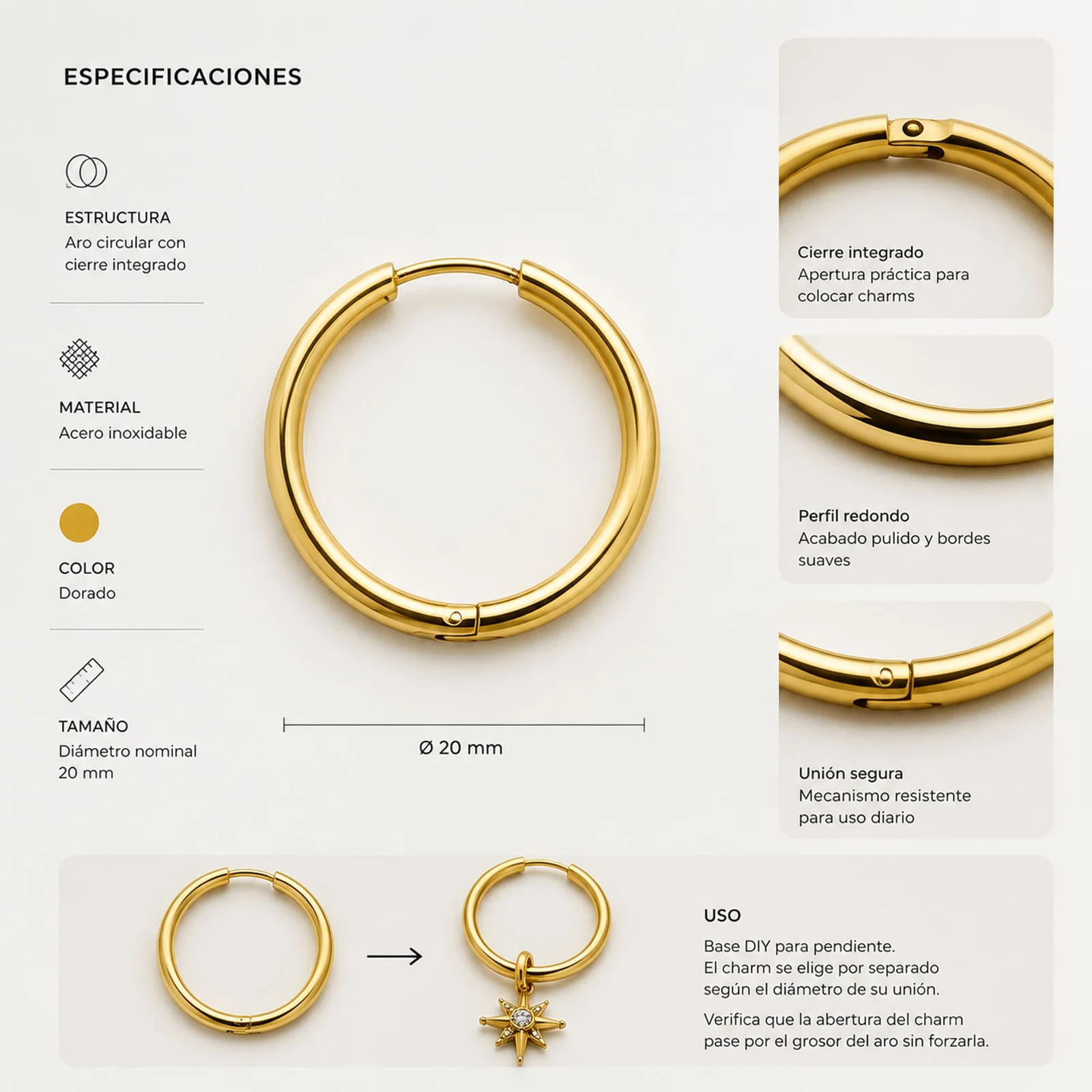 PENDIENTE DE ARO ACERO 20MM COLOR DORADO PARA CHARM