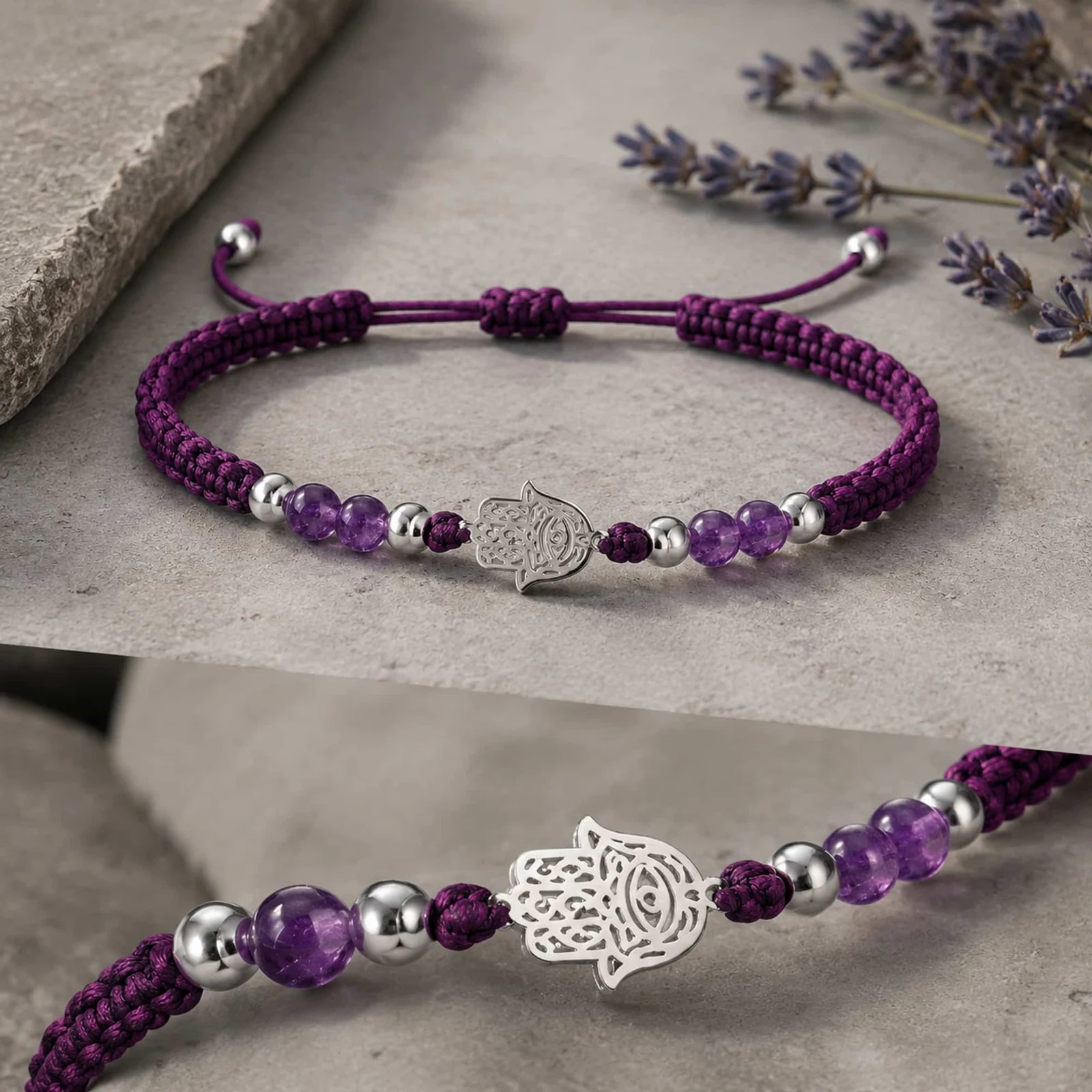 PULSERA HILO ENCERADO CON AMATISTA Y MANO DE FÁTIMA ACERO