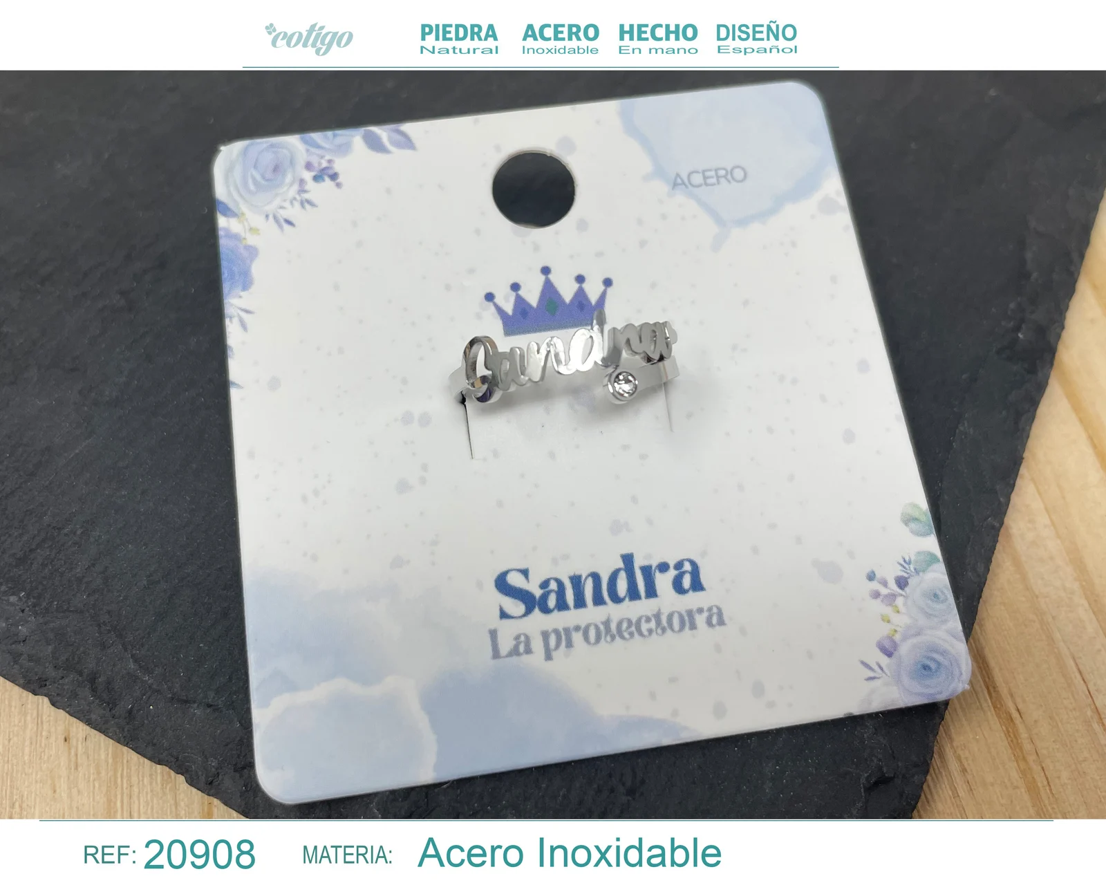 ANILLO NOMBRE SANDRA ACERO COLOR PLATEADO