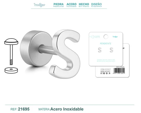 PENDIENTE ACERO  LETRA S COLOR PLATEADO CON CIERRE ROSCA