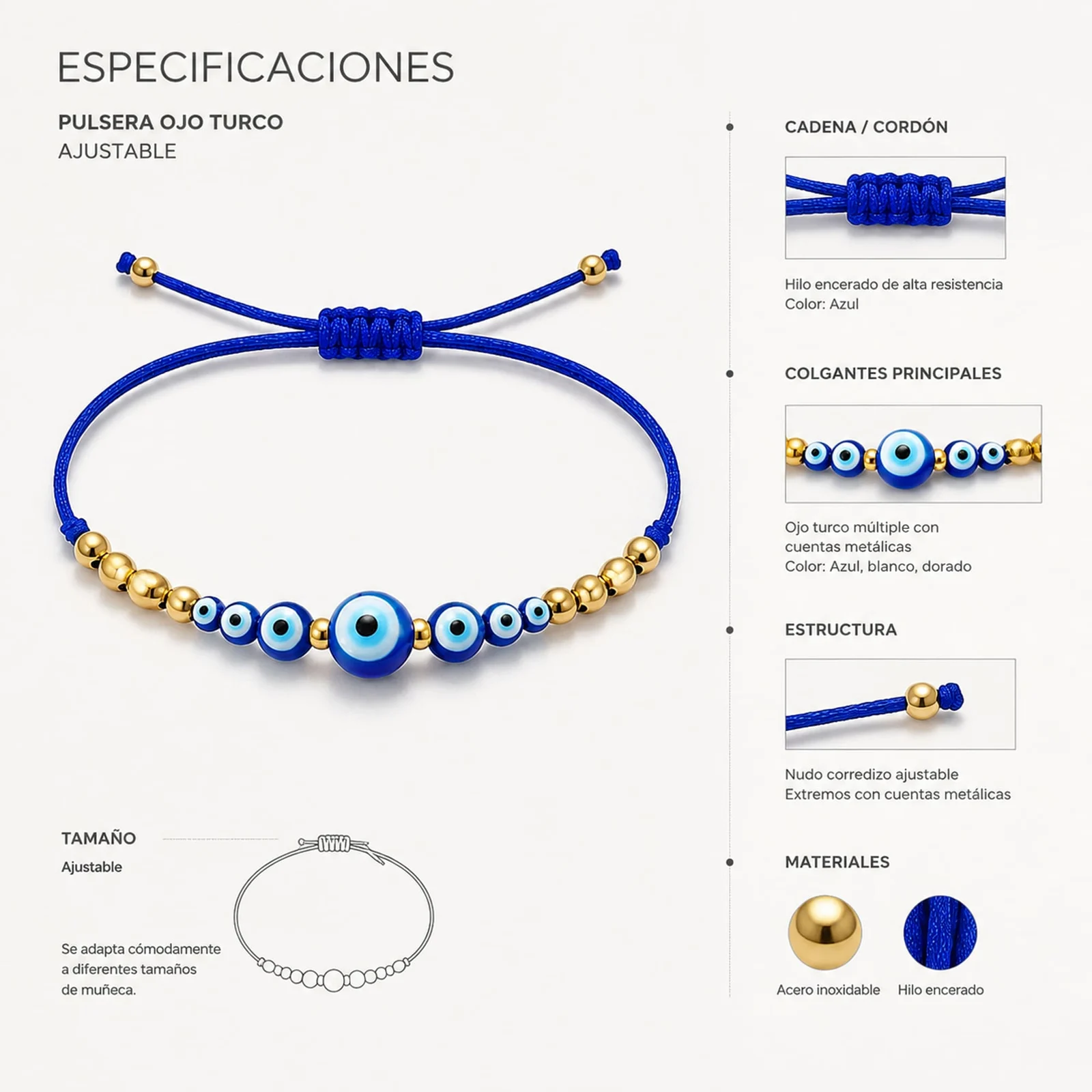 PULSERA OJO TURCO ACERO CON CORDÓN HILO ENCERADO